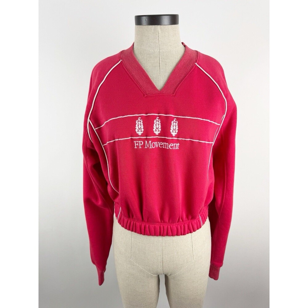 Free People Movement Seeing Double Sweatshirt Red Embroidered Logo Pullover